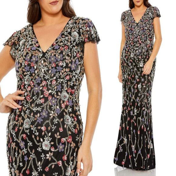 Mac Duggal 5751 Womens Size 16W 16 Black Pink Gold Floral Beaded Gown Maxi Dress
